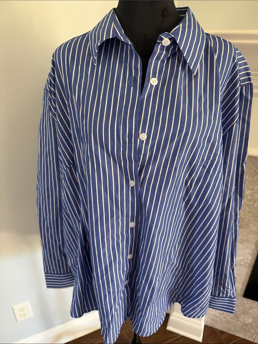 Amazon Blue and White Striped Oversized Womens Button-Down Shirt